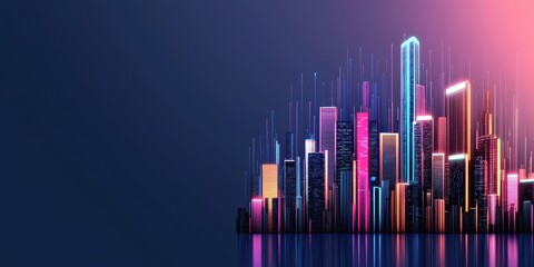 Fototapete - A vibrant, abstract city skyline illuminated by colorful lights against a dark background, evoking a sense of modernity and technology.