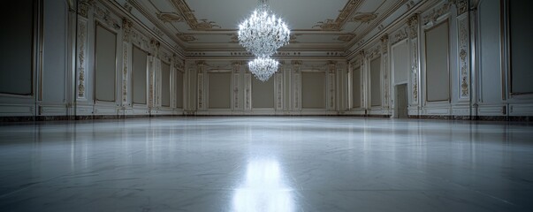 Poster - a grand ballroom with polished marble floors reflecting a dazzling chandelier, elegantly dressed dan