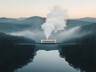 Poster - A vintage steam train crossing a bridge, reflected in the river below, thick white smoke billowing into the sky, golden hour light enhancing the nostalgic mood, classic travel photography