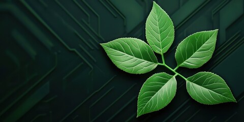 Aufkleber - A digital image featuring green leaves over a dark, circuit-like background, symbolizing nature and technology integration.