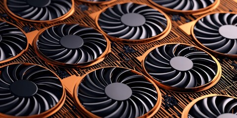 Poster - A close-up view of multiple cooling fans arranged in a grid, featuring black blades and copper accents, showcasing modern technology.