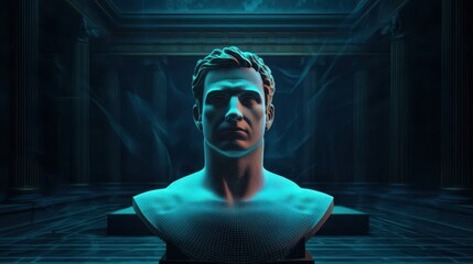 Poster - A glowing, stylized bust of a man in a dark, ethereal setting, surrounded by a subtle blue light, creating a mystical atmosphere.