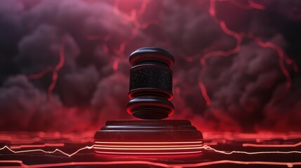 Aufkleber - A dramatic gavel stands on a pedestal against a backdrop of dark clouds and red lightning, symbolizing authority and justice.