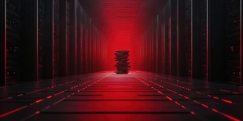 Poster - A dimly lit data center corridor with stacks of servers illuminated by a striking red glow, creating a dramatic and technological atmosphere.