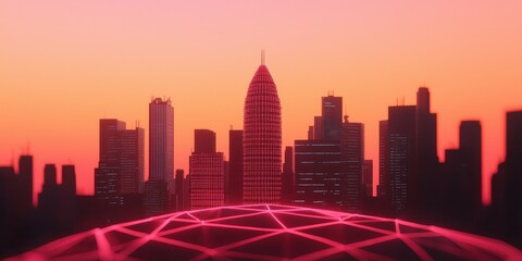 Fototapete - A vibrant city skyline at sunset, featuring futuristic buildings and a network overlay symbolizing connectivity and technology.