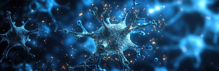 Poster - Close-up View of Microscopic Cells in Blue Light, Illustrating Complex Biological Structures and Interactions on a Scientific Background