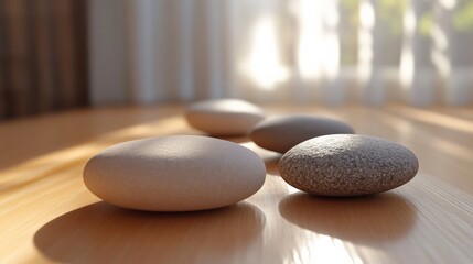 Poster - Smooth pebbles arranged artistically on a wooden surface with soft sunlight filtering through curtains