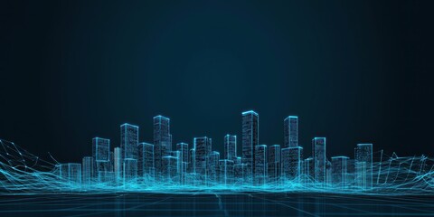 Fototapete - A futuristic digital skyline displayed in glowing blue lines against a dark background, representing a virtual city landscape.