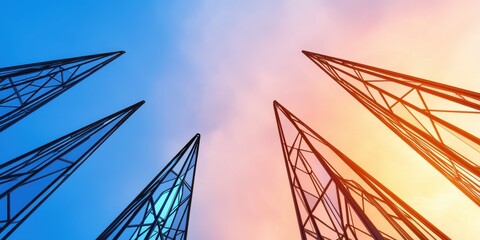 Aufkleber - A stunning perspective of towering structures against a vibrant sky, blending hues of blue and orange, showcasing modern architecture and geometric design.