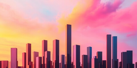 Poster - A vibrant skyline silhouette against a colorful sunset, featuring tall buildings and a dynamic blend of pink, orange, and blue hues in the sky.