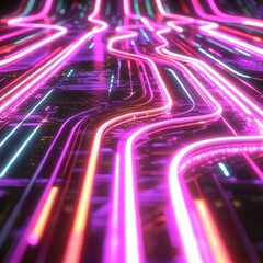 Poster - Colorful Neon Lines Flowing in Abstract Digital Landscape Design