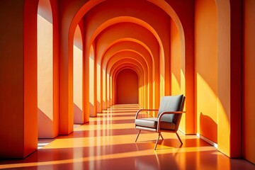 Poster - Sunlit Orange Arch Corridor with Chair - 3D Rendered Aerial View