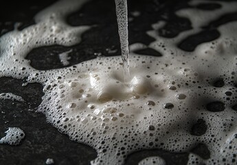 Poster - Close-Up View of Water Pouring into a Pool of Bubbles on a Dark Surface, Capturing the Texture and Patterns of Foamy Liquid Dynamics