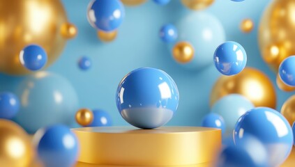 Poster - Colorful 3D spheres floating above a golden pedestal against a light blue background creating a vibrant and dynamic visual composition