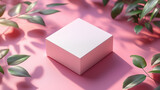Minimalist mockup of white box surrounded by green leaves on pink background, creating serene and elegant atmosphere