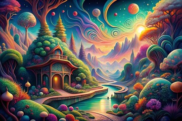 Poster - Surreal Hand-Painted Repeating Pattern: Whimsical Dreamlike Illustrations