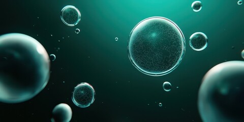 Aufkleber - This image features translucent bubbles floating in a dark, ethereal space, illuminated by a soft turquoise glow, creating a serene and dreamlike atmosphere.