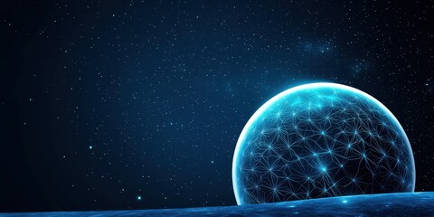 Poster - A glowing blue sphere is set against a starry background, evoking a sense of cosmic wonder and the vastness of space.
