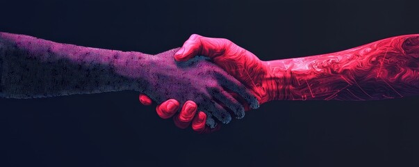 Poster - A vibrant handshake symbolizes unity between digital and human worlds, showcasing collaboration and connection through technology.