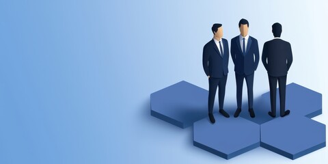 Aufkleber - Three business professionals in suits stand on hexagonal platforms against a light blue background, symbolizing teamwork and collaboration.