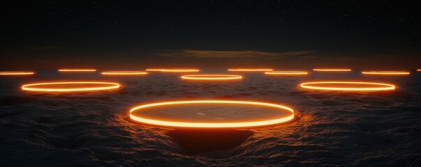 Aufkleber - The image features glowing circular rings on a dark ocean surface, creating a surreal and mesmerizing atmosphere.