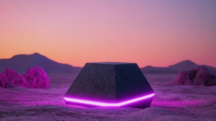 Poster - A futuristic, geometric structure emits a vibrant purple glow against a serene desert landscape during sunset.