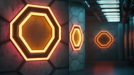 Poster - A futuristic corridor features glowing hexagonal lights on textured walls, creating an intriguing and modern atmosphere.