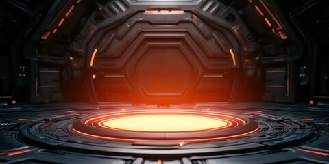 Poster - A futuristic, illuminated circular platform in a sleek, high-tech environment, featuring dark walls and glowing orange accents.