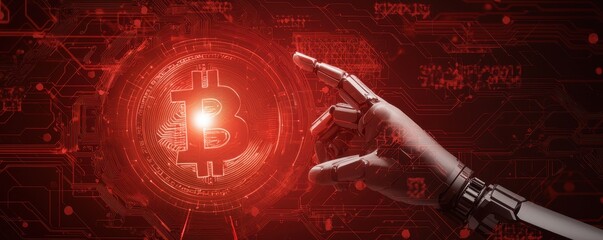Poster - A robotic hand reaches towards a glowing Bitcoin symbol, set against a digital background in red hues, symbolizing the intersection of technology and cryptocurrency.