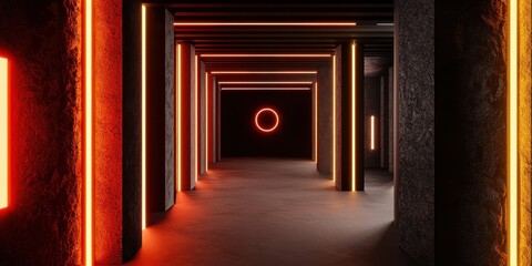 Poster - A futuristic corridor illuminated by glowing orange lights creates an immersive, modern atmosphere with a striking circular feature.