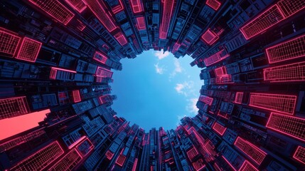 Fototapete - A futuristic cityscape viewed from below, featuring towering structures with glowing red lights surrounding a vibrant blue sky.