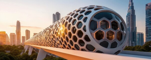 Fototapete - A futuristic transportation pod on elevated tracks, surrounded by urban skyscrapers, illuminated by a warm sunset glow.