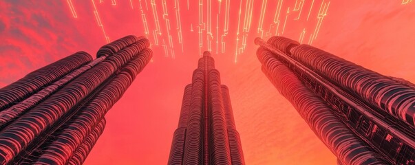 Poster - A futuristic skyline featuring towering structures under a vibrant red sky, with intricate details and a sense of depth.