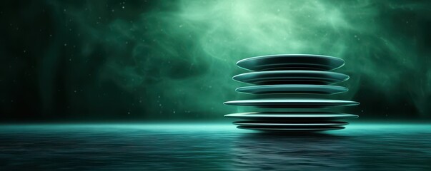 Aufkleber - A stack of translucent plates glows in a misty green environment, creating a serene and mysterious atmosphere.