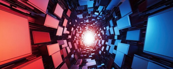 Fototapete - A vibrant tunnel of red and blue blocks converging towards a bright light at the center, creating a dynamic and futuristic atmosphere.