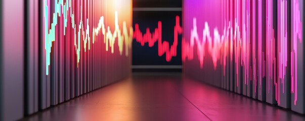 Fototapete - A vibrant corridor illuminated by colorful waveforms suggests a blend of technology and creativity, representing digital data and innovation.