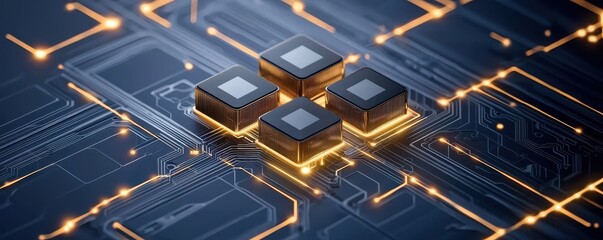 Poster - A close-up view of computer chips on a circuit board, illuminated with glowing lines, representing advanced technology and digital connections.