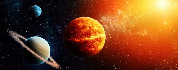 Poster - A stunning cosmic scene featuring planets, including Saturn and a vibrant orange planet, set against a backdrop of stars and glowing sunlight.