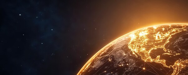 Aufkleber - A stunning view of Earth illuminated by a warm glow, showcasing urban lights against the backdrop of space.