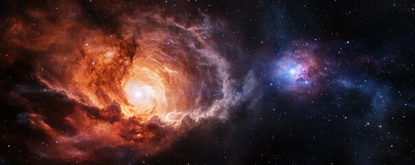 Poster - A stunning cosmic scene showcasing vibrant galaxies and nebulae, filled with swirling colors of orange, blue, and purple against a backdrop of deep space.