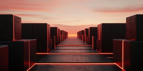 Poster - A surreal landscape featuring illuminated blocks leading towards a vibrant horizon at sunset, evoking a sense of mystery and depth.