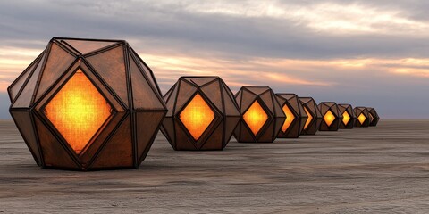 Poster - A row of geometric lanterns glowing warmly against a dramatic sunset sky, creating a serene and artistic ambiance in a sandy landscape.