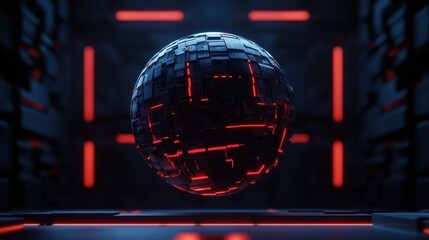 Fototapete - A futuristic glowing sphere suspended in a dark environment, highlighted by red accents, suggesting a high-tech or sci-fi theme.