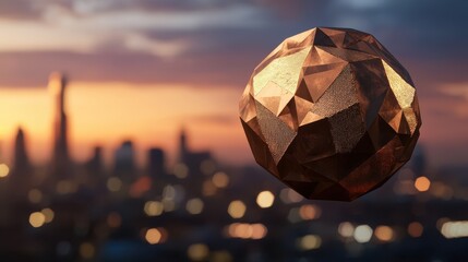 Poster - A geometric, metallic orb floats against a sunset skyline, showcasing intricate facets and a warm glow, evoking a sense of modern artistry.