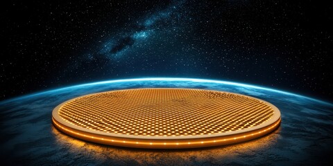 Poster - A golden, textured disc floats above Earth, set against a starry background, evoking a sense of cosmic significance and futuristic design.