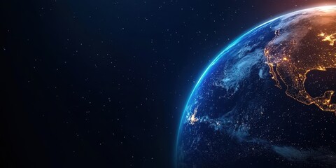 Poster - A stunning view of Earth from space, showcasing illuminated continents against a dark backdrop, highlighting the beauty of our planet.