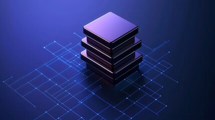 Fototapete - A digital representation of stacked data layers on a grid, showcasing a modern, tech-inspired design with a blue and purple color scheme.