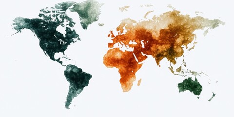 Aufkleber - A watercolor map of the world, showcasing various regions in green and orange hues, representing different geographical or thematic features.