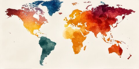 Poster - A colorful watercolor map of the world, showcasing various regions in vibrant hues, highlighting continents and oceans artistically.