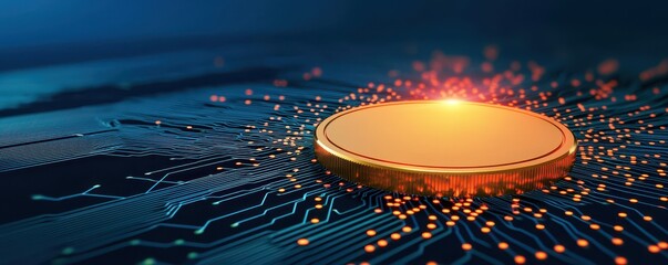 Poster - A glowing coin rests on a circuit board, symbolizing digital currency and technology integration.